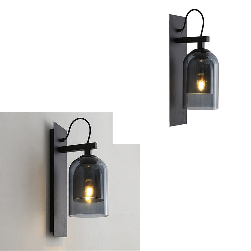 1 Bulb Living Room Sconce Fixture Mid-Century Black Wall Light with Dual Dome Glass Shade Clearhalo 'Cast Iron' 'Glass' 'Industrial' 'Modern wall lights' 'Modern' 'Tiffany' 'Traditional wall lights' 'Wall Lamps & Sconces' 'Wall Lights' Lighting' 2466474