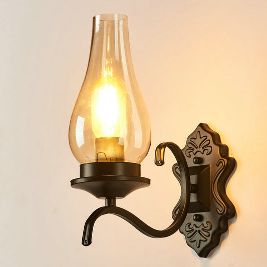 Rustic Paraffin Lantern Wall Sconce 1-Head Clear Glass Wall Lighting for Living Room Black Arc Clearhalo 'Art deco wall lights' 'Cast Iron' 'Glass' 'Industrial wall lights' 'Industrial' 'Middle century wall lights' 'Modern' 'Rustic wall lights' 'Tiffany' 'Traditional wall lights' 'Wall Lamps & Sconces' 'Wall Lights' Lighting' 2466481
