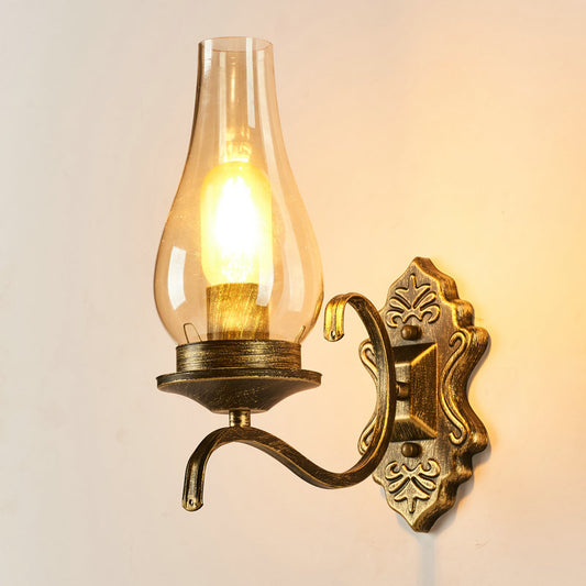 Rustic Paraffin Lantern Wall Sconce 1-Head Clear Glass Wall Lighting for Living Room Bronze Arc Clearhalo 'Art deco wall lights' 'Cast Iron' 'Glass' 'Industrial wall lights' 'Industrial' 'Middle century wall lights' 'Modern' 'Rustic wall lights' 'Tiffany' 'Traditional wall lights' 'Wall Lamps & Sconces' 'Wall Lights' Lighting' 2466482