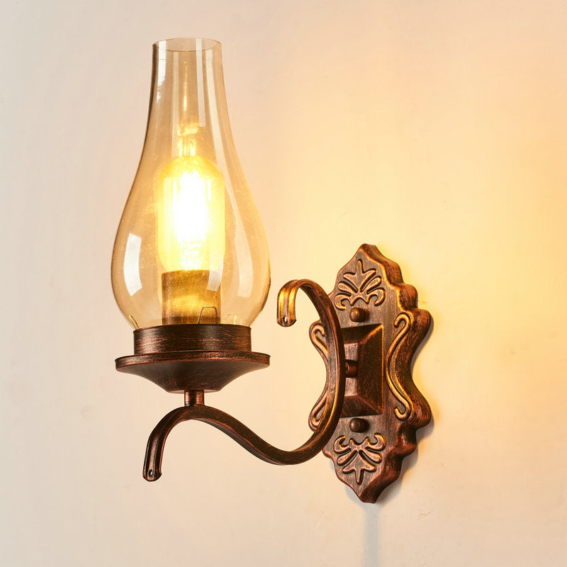 Rustic Paraffin Lantern Wall Sconce 1-Head Clear Glass Wall Lighting for Living Room Copper Arc Clearhalo 'Art deco wall lights' 'Cast Iron' 'Glass' 'Industrial wall lights' 'Industrial' 'Middle century wall lights' 'Modern' 'Rustic wall lights' 'Tiffany' 'Traditional wall lights' 'Wall Lamps & Sconces' 'Wall Lights' Lighting' 2466484