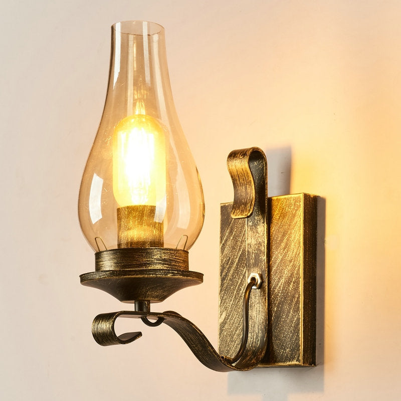 Rustic Paraffin Lantern Wall Sconce 1-Head Clear Glass Wall Lighting for Living Room Bronze Curved Clearhalo 'Art deco wall lights' 'Cast Iron' 'Glass' 'Industrial wall lights' 'Industrial' 'Middle century wall lights' 'Modern' 'Rustic wall lights' 'Tiffany' 'Traditional wall lights' 'Wall Lamps & Sconces' 'Wall Lights' Lighting' 2466488