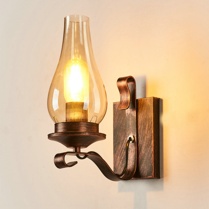 Rustic Paraffin Lantern Wall Sconce 1-Head Clear Glass Wall Lighting for Living Room Copper Curved Clearhalo 'Art deco wall lights' 'Cast Iron' 'Glass' 'Industrial wall lights' 'Industrial' 'Middle century wall lights' 'Modern' 'Rustic wall lights' 'Tiffany' 'Traditional wall lights' 'Wall Lamps & Sconces' 'Wall Lights' Lighting' 2466490