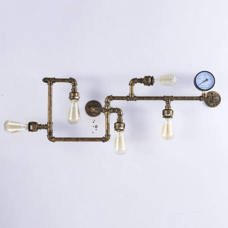 Water Pipe Iron Wall Lighting Industrial 5 Bulbs Restaurant Wall Sconce with Decorative Gauge Bronze Clearhalo 'Art deco wall lights' 'Cast Iron' 'Glass' 'Industrial wall lights' 'Industrial' 'Middle century wall lights' 'Modern' 'Rustic wall lights' 'Tiffany' 'Traditional wall lights' 'Wall Lamps & Sconces' 'Wall Lights' Lighting' 2466503
