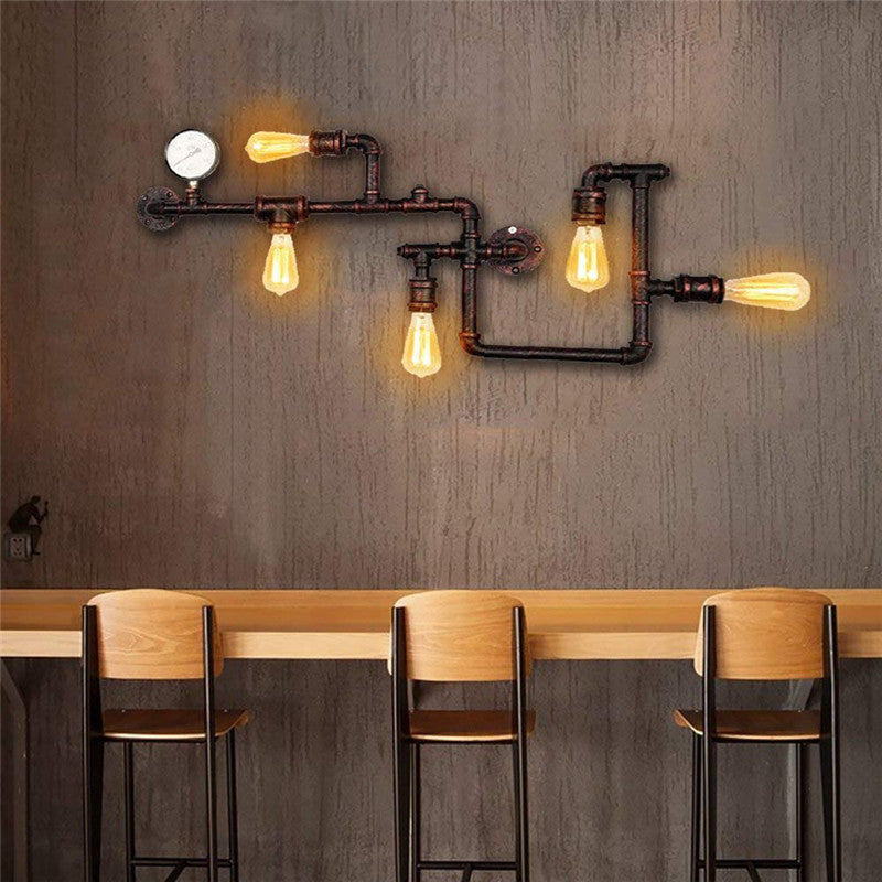 Water Pipe Iron Wall Lighting Industrial 5 Bulbs Restaurant Wall Sconce with Decorative Gauge Clearhalo 'Art deco wall lights' 'Cast Iron' 'Glass' 'Industrial wall lights' 'Industrial' 'Middle century wall lights' 'Modern' 'Rustic wall lights' 'Tiffany' 'Traditional wall lights' 'Wall Lamps & Sconces' 'Wall Lights' Lighting' 2466504