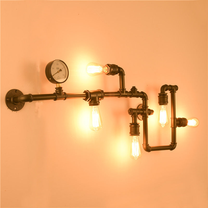 Water Pipe Iron Wall Lighting Industrial 5 Bulbs Restaurant Wall Sconce with Decorative Gauge Clearhalo 'Art deco wall lights' 'Cast Iron' 'Glass' 'Industrial wall lights' 'Industrial' 'Middle century wall lights' 'Modern' 'Rustic wall lights' 'Tiffany' 'Traditional wall lights' 'Wall Lamps & Sconces' 'Wall Lights' Lighting' 2466505