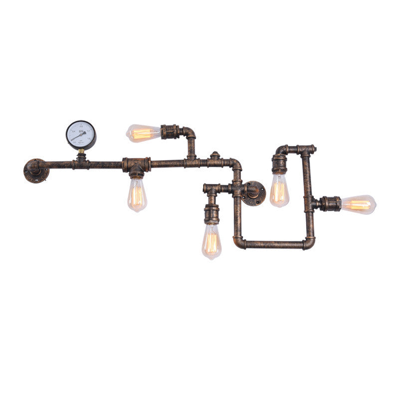 Water Pipe Iron Wall Lighting Industrial 5 Bulbs Restaurant Wall Sconce with Decorative Gauge Clearhalo 'Art deco wall lights' 'Cast Iron' 'Glass' 'Industrial wall lights' 'Industrial' 'Middle century wall lights' 'Modern' 'Rustic wall lights' 'Tiffany' 'Traditional wall lights' 'Wall Lamps & Sconces' 'Wall Lights' Lighting' 2466507
