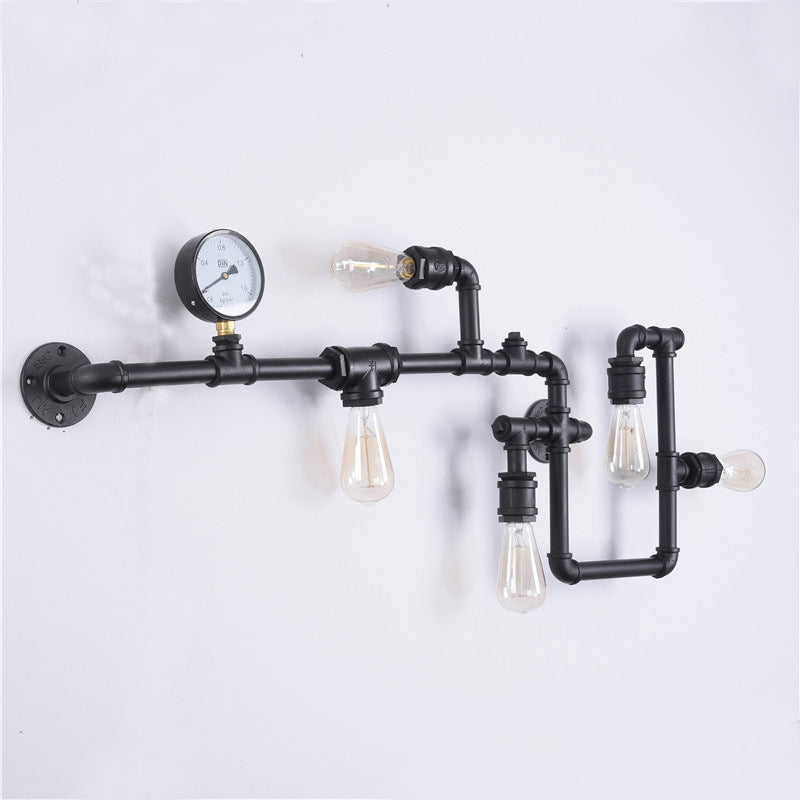Water Pipe Iron Wall Lighting Industrial 5 Bulbs Restaurant Wall Sconce with Decorative Gauge Clearhalo 'Art deco wall lights' 'Cast Iron' 'Glass' 'Industrial wall lights' 'Industrial' 'Middle century wall lights' 'Modern' 'Rustic wall lights' 'Tiffany' 'Traditional wall lights' 'Wall Lamps & Sconces' 'Wall Lights' Lighting' 2466511