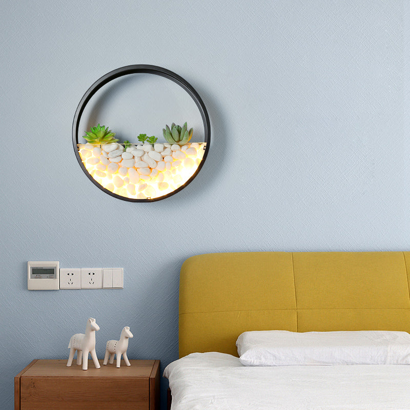 Loop Shaped Wall Sconce Light Decorative Metal Bedroom LED Wall Light with Faux Succulents and Pebbles Clearhalo 'Art deco wall lights' 'Cast Iron' 'Glass' 'Industrial wall lights' 'Industrial' 'Middle century wall lights' 'Modern' 'Rustic wall lights' 'Tiffany' 'Traditional wall lights' 'Wall Lamps & Sconces' 'Wall Lights' Lighting' 2466637