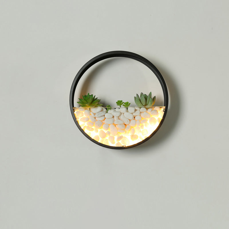 Loop Shaped Wall Sconce Light Decorative Metal Bedroom LED Wall Light with Faux Succulents and Pebbles Black Warm Clearhalo 'Art deco wall lights' 'Cast Iron' 'Glass' 'Industrial wall lights' 'Industrial' 'Middle century wall lights' 'Modern' 'Rustic wall lights' 'Tiffany' 'Traditional wall lights' 'Wall Lamps & Sconces' 'Wall Lights' Lighting' 2466641
