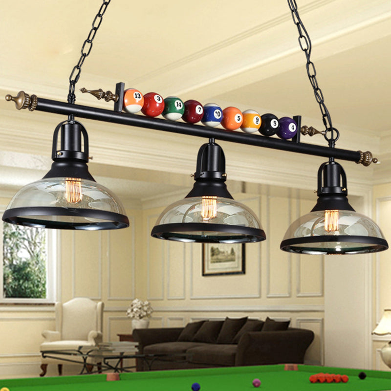Shaded Hanging Light Fixture Industrial Metal Island Pendant with Billiard Decoration 3 Black Glass Clearhalo 'Ceiling Lights' 'Close To Ceiling Lights' 'Glass shade' 'Glass' 'Island Lights' Lighting' 2466680