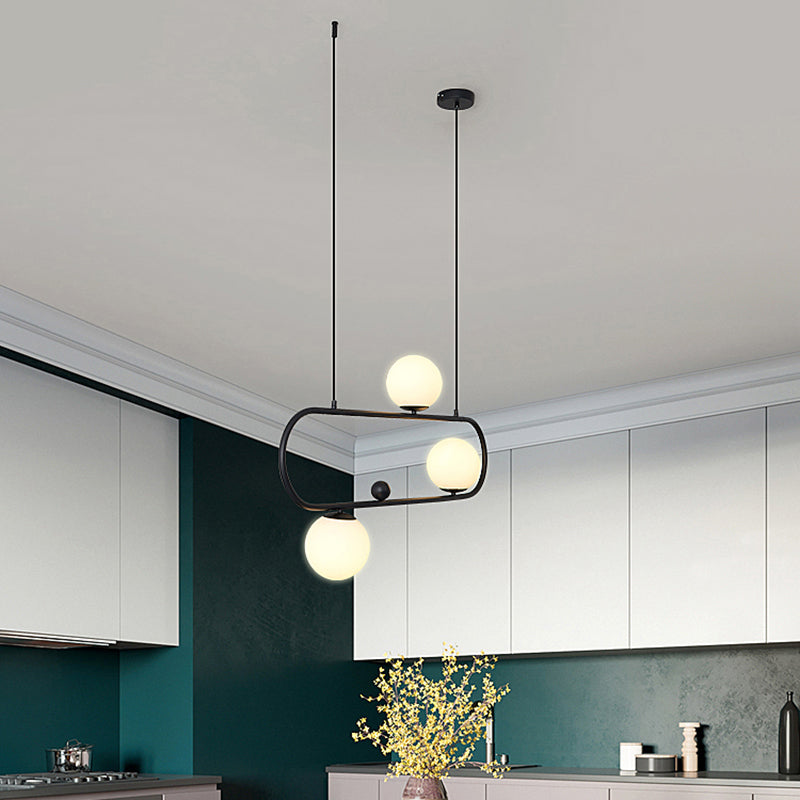 Metal Oblong Island Light Fixture Minimalist Suspension Lighting with Ball Milk Glass Shade 3 Black Clearhalo 'Ceiling Lights' 'Island Lights' Lighting' 2466731