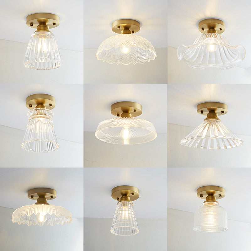 Brass Shaded Small Flushmount Lighting Countryside Single Bathroom Semi Flush Ceiling Light Clearhalo 'Ceiling Lights' 'Close To Ceiling Lights' 'Close to ceiling' 'Semi-flushmount' Lighting' 2466806