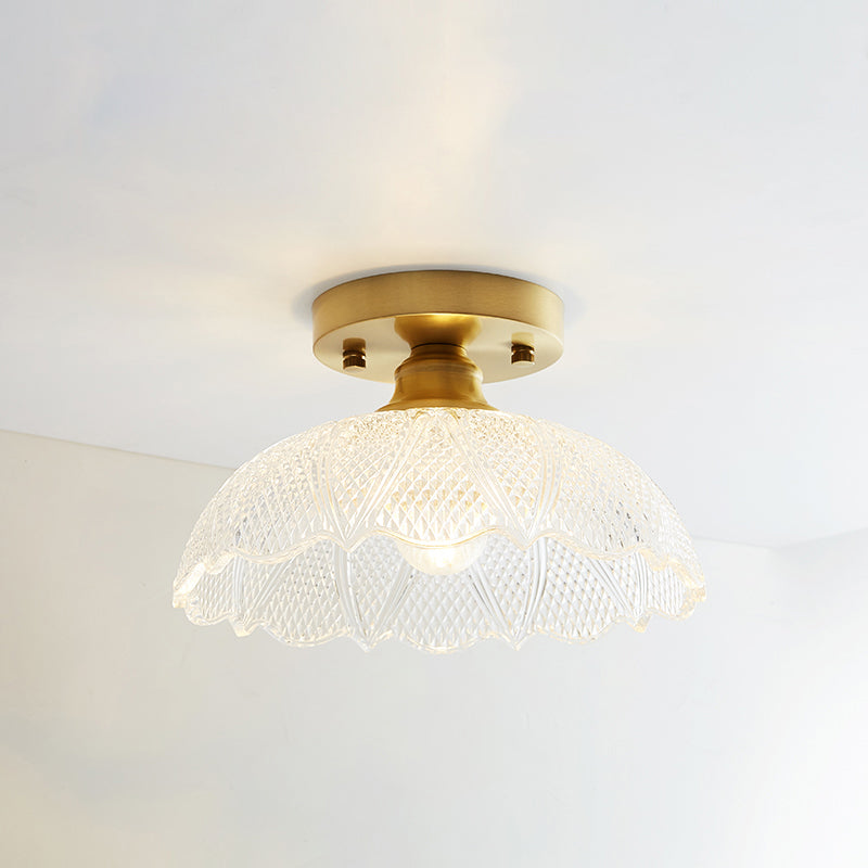 Brass Shaded Small Flushmount Lighting Countryside Single Bathroom Semi Flush Ceiling Light Brass Umbrella Clearhalo 'Ceiling Lights' 'Close To Ceiling Lights' 'Close to ceiling' 'Semi-flushmount' Lighting' 2466809