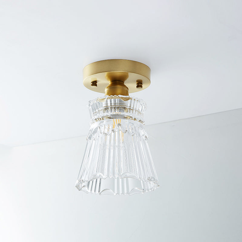 Brass Shaded Small Flushmount Lighting Countryside Single Bathroom Semi Flush Ceiling Light Brass Flared Clearhalo 'Ceiling Lights' 'Close To Ceiling Lights' 'Close to ceiling' 'Semi-flushmount' Lighting' 2466814