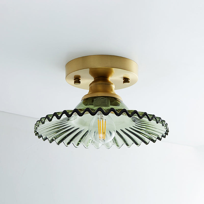 Brass Shaded Small Flushmount Lighting Countryside Single Bathroom Semi Flush Ceiling Light Brass Wavy Clearhalo 'Ceiling Lights' 'Close To Ceiling Lights' 'Close to ceiling' 'Semi-flushmount' Lighting' 2466818