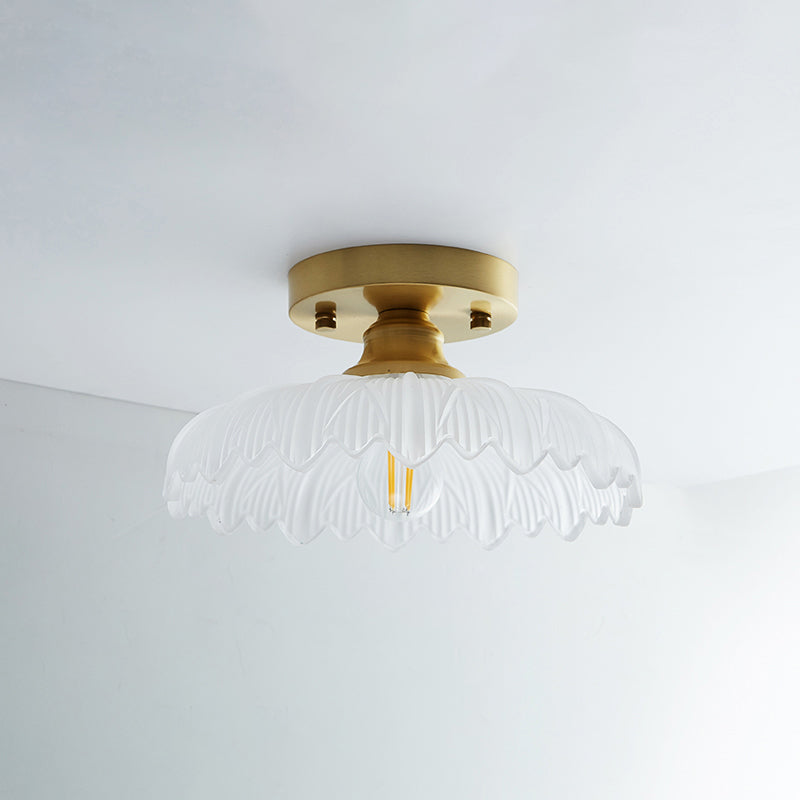Brass Shaded Small Flushmount Lighting Countryside Single Bathroom Semi Flush Ceiling Light Brass Flower Clearhalo 'Ceiling Lights' 'Close To Ceiling Lights' 'Close to ceiling' 'Semi-flushmount' Lighting' 2466822