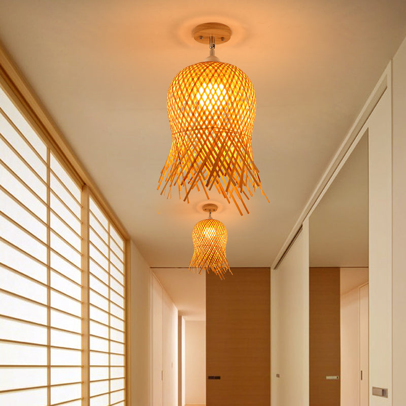 Cage Style Aisle Semi Flush Light Bamboo Single-Bulb Asian Ceiling Mounted Light in Wood Clearhalo 'Ceiling Lights' 'Close To Ceiling Lights' 'Close to ceiling' 'Semi-flushmount' Lighting' 2466875