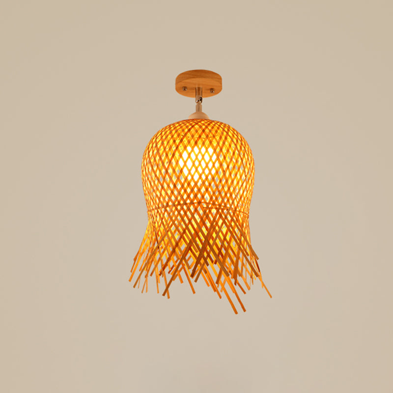 Cage Style Aisle Semi Flush Light Bamboo Single-Bulb Asian Ceiling Mounted Light in Wood Wood Fish Clearhalo 'Ceiling Lights' 'Close To Ceiling Lights' 'Close to ceiling' 'Semi-flushmount' Lighting' 2466876