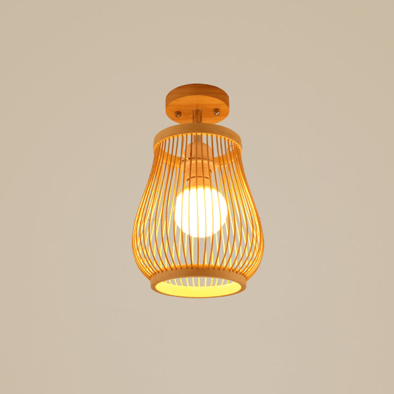 Cage Style Aisle Semi Flush Light Bamboo Single-Bulb Asian Ceiling Mounted Light in Wood Wood Lantern Clearhalo 'Ceiling Lights' 'Close To Ceiling Lights' 'Close to ceiling' 'Semi-flushmount' Lighting' 2466877