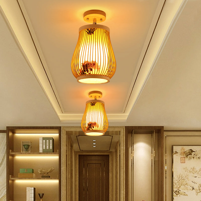 Cage Style Aisle Semi Flush Light Bamboo Single-Bulb Asian Ceiling Mounted Light in Wood Clearhalo 'Ceiling Lights' 'Close To Ceiling Lights' 'Close to ceiling' 'Semi-flushmount' Lighting' 2466878