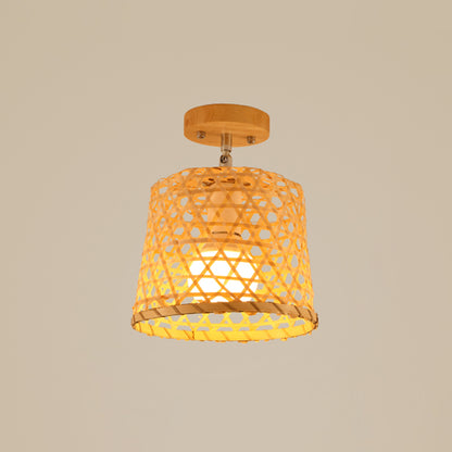 Cage Style Aisle Semi Flush Light Bamboo Single-Bulb Asian Ceiling Mounted Light in Wood Wood Birdcage Clearhalo 'Ceiling Lights' 'Close To Ceiling Lights' 'Close to ceiling' 'Semi-flushmount' Lighting' 2466879