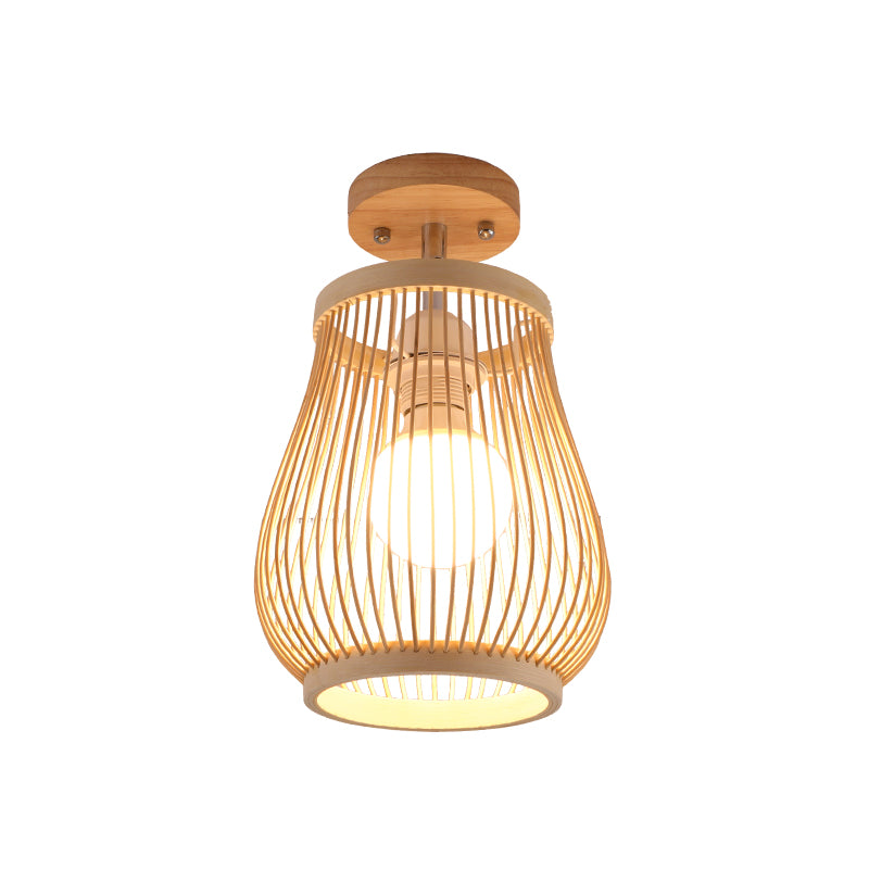 Cage Style Aisle Semi Flush Light Bamboo Single-Bulb Asian Ceiling Mounted Light in Wood Clearhalo 'Ceiling Lights' 'Close To Ceiling Lights' 'Close to ceiling' 'Semi-flushmount' Lighting' 2466880