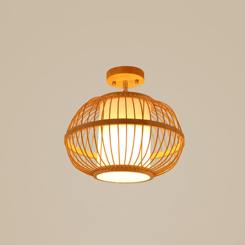 Cage Style Aisle Semi Flush Light Bamboo Single-Bulb Asian Ceiling Mounted Light in Wood Wood Oval Clearhalo 'Ceiling Lights' 'Close To Ceiling Lights' 'Close to ceiling' 'Semi-flushmount' Lighting' 2466881