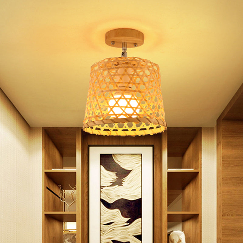 Cage Style Aisle Semi Flush Light Bamboo Single-Bulb Asian Ceiling Mounted Light in Wood Clearhalo 'Ceiling Lights' 'Close To Ceiling Lights' 'Close to ceiling' 'Semi-flushmount' Lighting' 2466882