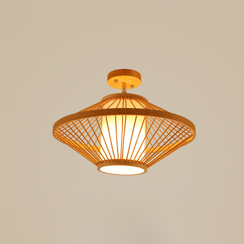 Cage Style Aisle Semi Flush Light Bamboo Single-Bulb Asian Ceiling Mounted Light in Wood Wood Gyro Clearhalo 'Ceiling Lights' 'Close To Ceiling Lights' 'Close to ceiling' 'Semi-flushmount' Lighting' 2466883