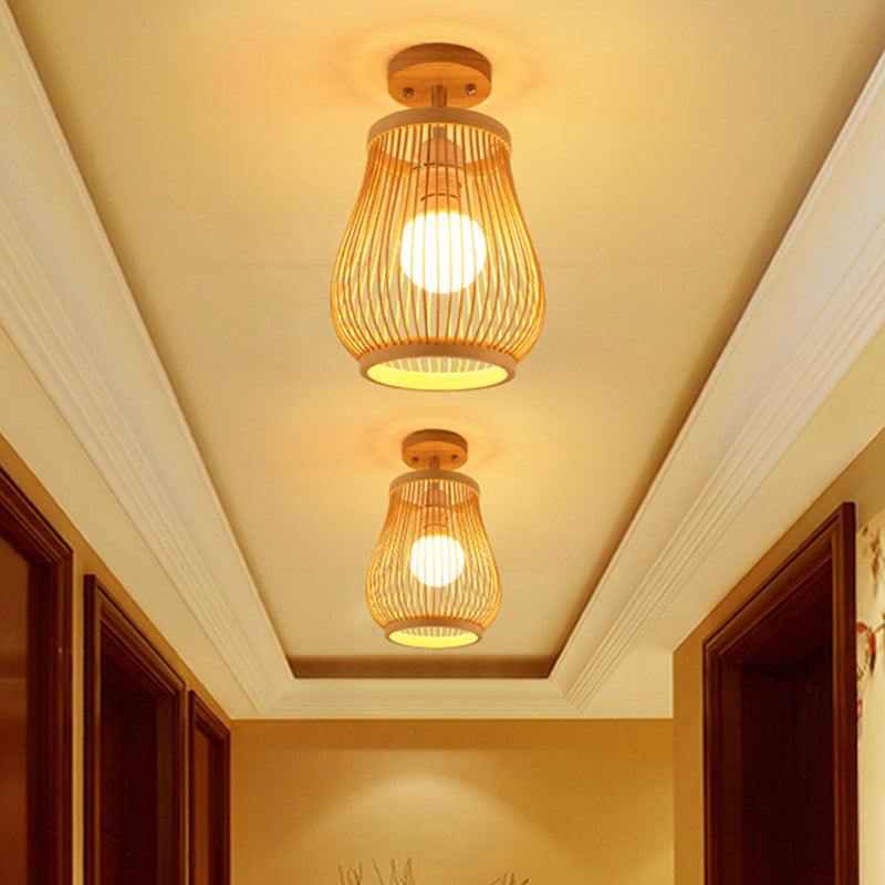 Cage Style Aisle Semi Flush Light Bamboo Single-Bulb Asian Ceiling Mounted Light in Wood Clearhalo 'Ceiling Lights' 'Close To Ceiling Lights' 'Close to ceiling' 'Semi-flushmount' Lighting' 2466884