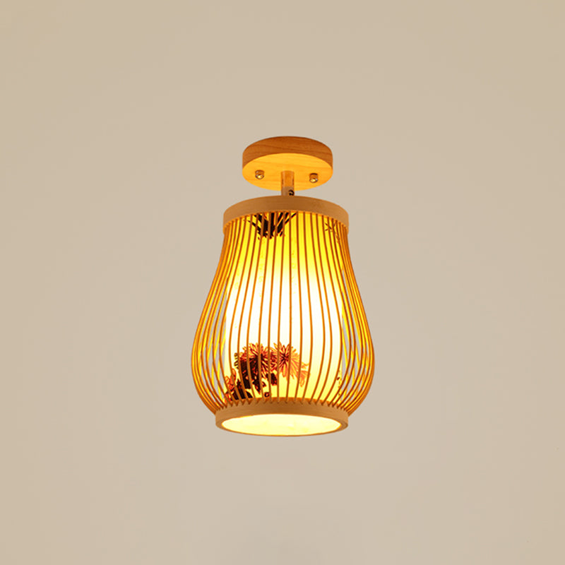 Cage Style Aisle Semi Flush Light Bamboo Single-Bulb Asian Ceiling Mounted Light in Wood Wood Plant Clearhalo 'Ceiling Lights' 'Close To Ceiling Lights' 'Close to ceiling' 'Semi-flushmount' Lighting' 2466885