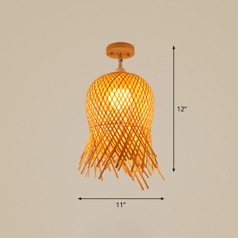 Cage Style Aisle Semi Flush Light Bamboo Single-Bulb Asian Ceiling Mounted Light in Wood Clearhalo 'Ceiling Lights' 'Close To Ceiling Lights' 'Close to ceiling' 'Semi-flushmount' Lighting' 2466886