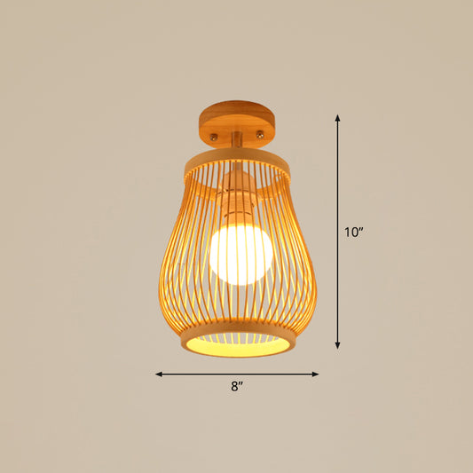 Cage Style Aisle Semi Flush Light Bamboo Single-Bulb Asian Ceiling Mounted Light in Wood Clearhalo 'Ceiling Lights' 'Close To Ceiling Lights' 'Close to ceiling' 'Semi-flushmount' Lighting' 2466887