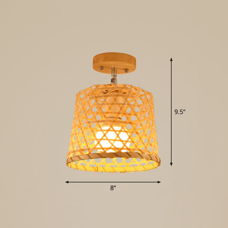 Cage Style Aisle Semi Flush Light Bamboo Single-Bulb Asian Ceiling Mounted Light in Wood Clearhalo 'Ceiling Lights' 'Close To Ceiling Lights' 'Close to ceiling' 'Semi-flushmount' Lighting' 2466888