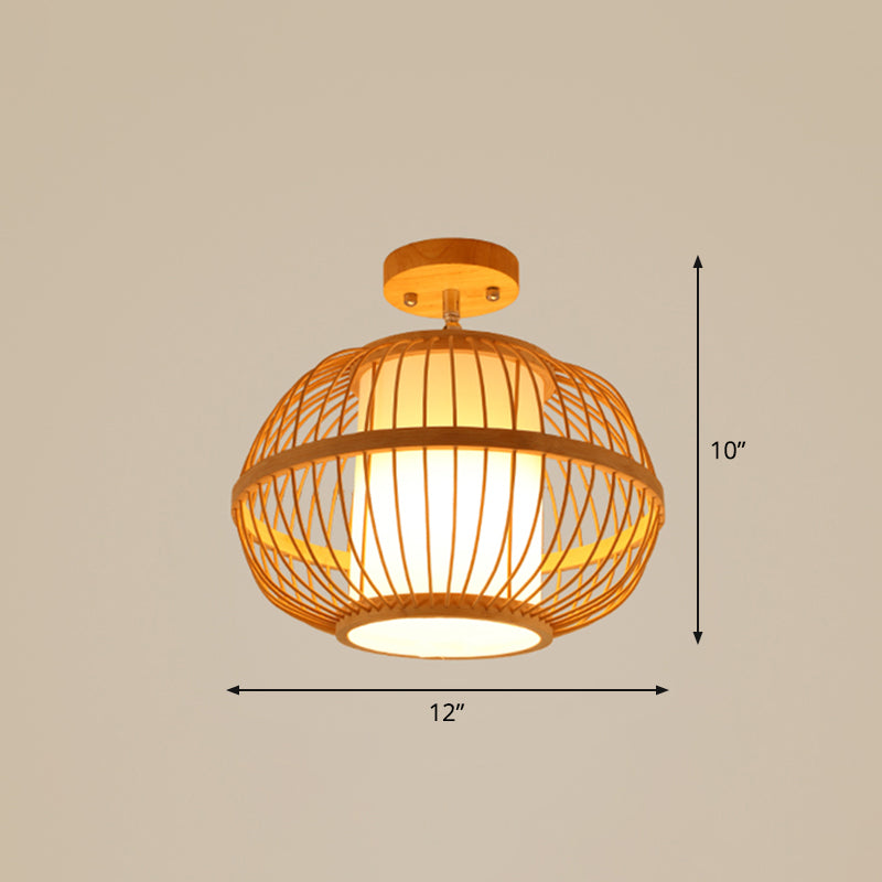 Cage Style Aisle Semi Flush Light Bamboo Single-Bulb Asian Ceiling Mounted Light in Wood Clearhalo 'Ceiling Lights' 'Close To Ceiling Lights' 'Close to ceiling' 'Semi-flushmount' Lighting' 2466889