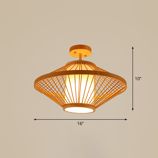 Cage Style Aisle Semi Flush Light Bamboo Single-Bulb Asian Ceiling Mounted Light in Wood Clearhalo 'Ceiling Lights' 'Close To Ceiling Lights' 'Close to ceiling' 'Semi-flushmount' Lighting' 2466890
