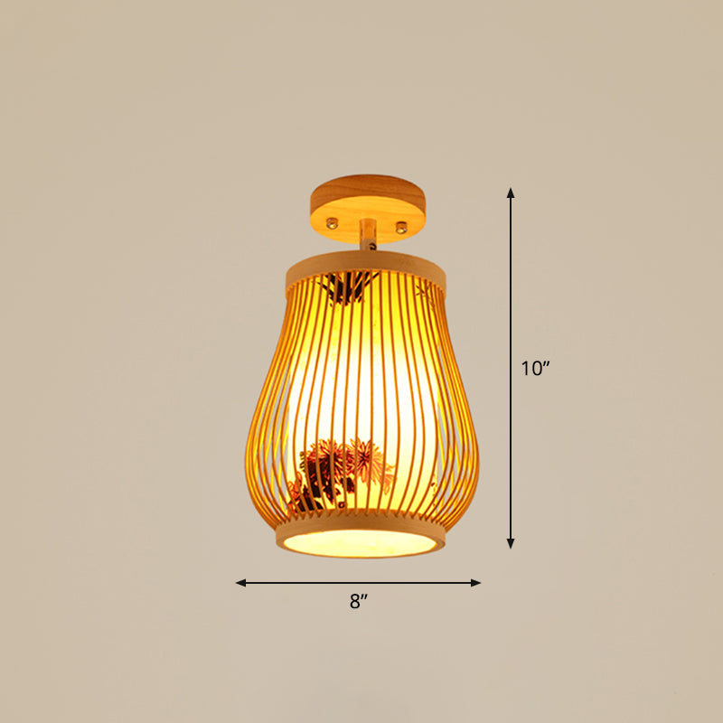 Cage Style Aisle Semi Flush Light Bamboo Single-Bulb Asian Ceiling Mounted Light in Wood Clearhalo 'Ceiling Lights' 'Close To Ceiling Lights' 'Close to ceiling' 'Semi-flushmount' Lighting' 2466891