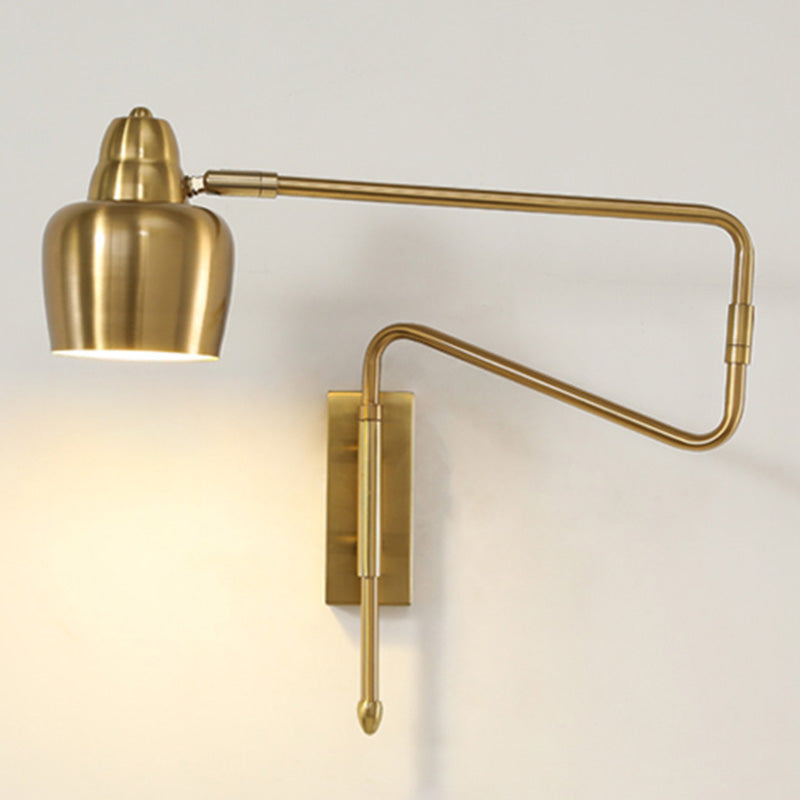 Shaded Bedside Wall Mounted Reading Lamp Metal 1 Head Nordic Task Wall Sconce with Retractable Arm Gold Cylinder Clearhalo 'Cast Iron' 'Glass' 'Industrial' 'Modern wall lights' 'Modern' 'Tiffany' 'Traditional wall lights' 'Wall Lamps & Sconces' 'Wall Lights' Lighting' 2466931
