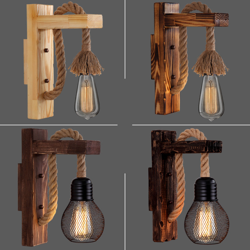 Wooden L Shaped Wall Bracket Lantern Farmhouse 1 Bulb Bedroom Wall Light with Rope Arm Clearhalo 'Industrial wall lights' 'Industrial' 'Middle century wall lights' 'Rustic wall lights' 'Tiffany' 'Wall Lamps & Sconces' 'Wall Lights' Lighting' 2466942
