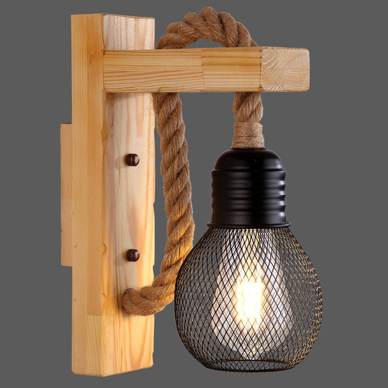 Wooden L Shaped Wall Bracket Lantern Farmhouse 1 Bulb Bedroom Wall Light with Rope Arm Wood With Shade Clearhalo 'Industrial wall lights' 'Industrial' 'Middle century wall lights' 'Rustic wall lights' 'Tiffany' 'Wall Lamps & Sconces' 'Wall Lights' Lighting' 2466943