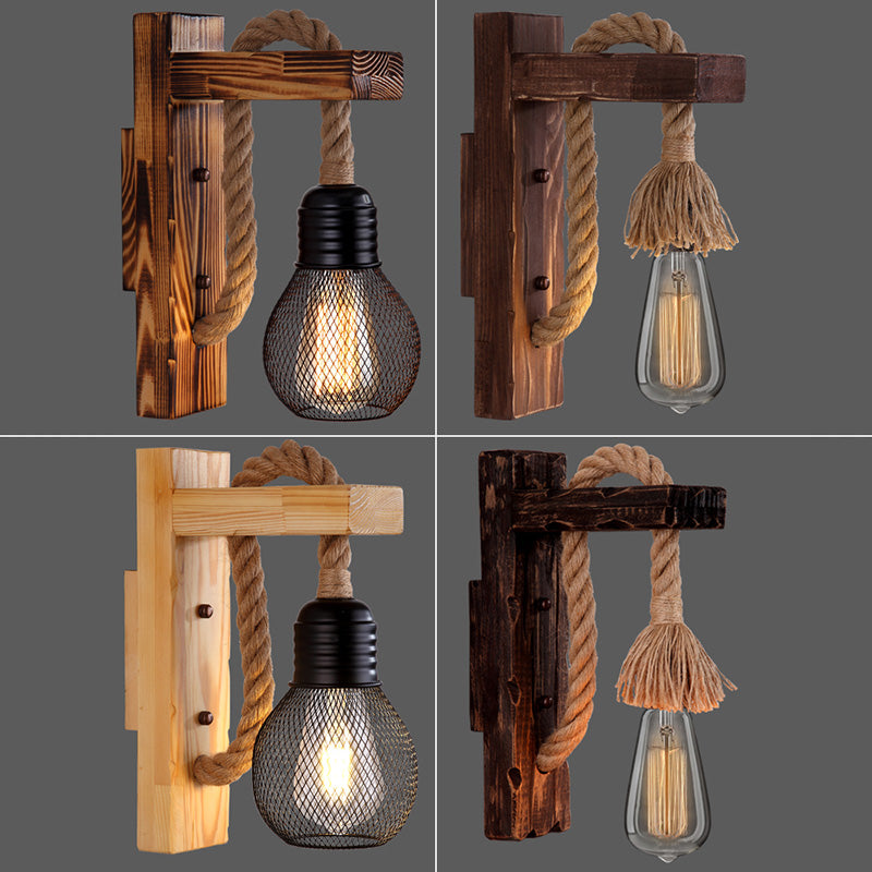 Wooden L Shaped Wall Bracket Lantern Farmhouse 1 Bulb Bedroom Wall Light with Rope Arm Clearhalo 'Industrial wall lights' 'Industrial' 'Middle century wall lights' 'Rustic wall lights' 'Tiffany' 'Wall Lamps & Sconces' 'Wall Lights' Lighting' 2466944