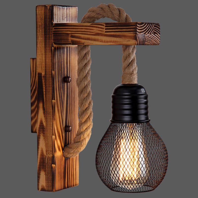 Wooden L Shaped Wall Bracket Lantern Farmhouse 1 Bulb Bedroom Wall Light with Rope Arm Dark Wood With Shade Clearhalo 'Industrial wall lights' 'Industrial' 'Middle century wall lights' 'Rustic wall lights' 'Tiffany' 'Wall Lamps & Sconces' 'Wall Lights' Lighting' 2466945