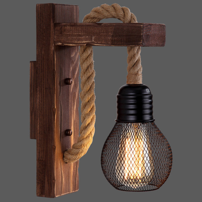 Wooden L Shaped Wall Bracket Lantern Farmhouse 1 Bulb Bedroom Wall Light with Rope Arm Coffee With Shade Clearhalo 'Industrial wall lights' 'Industrial' 'Middle century wall lights' 'Rustic wall lights' 'Tiffany' 'Wall Lamps & Sconces' 'Wall Lights' Lighting' 2466946