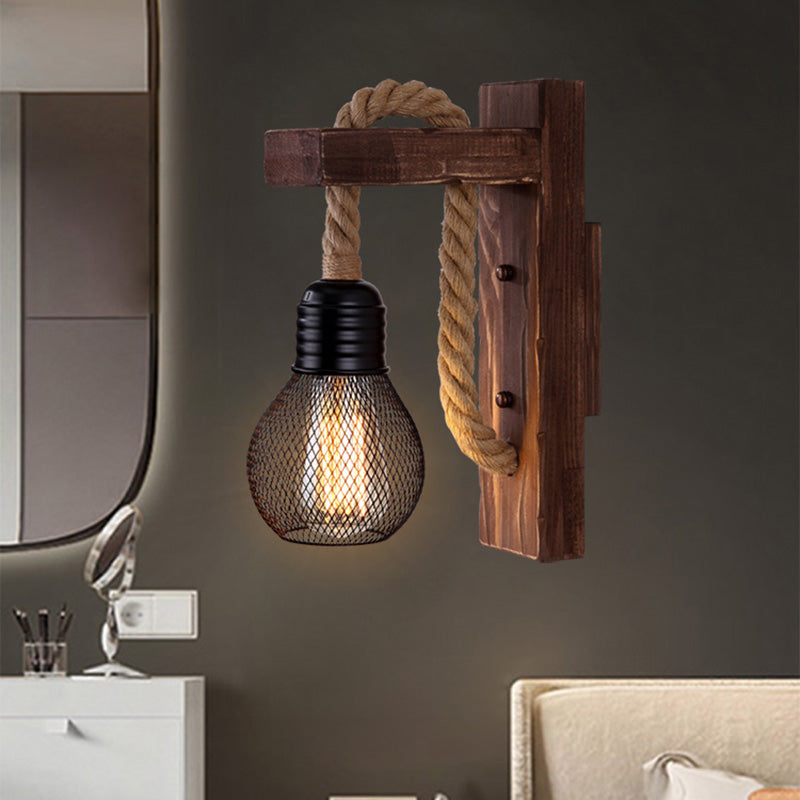 Wooden L Shaped Wall Bracket Lantern Farmhouse 1 Bulb Bedroom Wall Light with Rope Arm Clearhalo 'Industrial wall lights' 'Industrial' 'Middle century wall lights' 'Rustic wall lights' 'Tiffany' 'Wall Lamps & Sconces' 'Wall Lights' Lighting' 2466948
