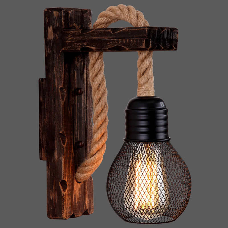Wooden L Shaped Wall Bracket Lantern Farmhouse 1 Bulb Bedroom Wall Light with Rope Arm Bronze With Shade Clearhalo 'Industrial wall lights' 'Industrial' 'Middle century wall lights' 'Rustic wall lights' 'Tiffany' 'Wall Lamps & Sconces' 'Wall Lights' Lighting' 2466949