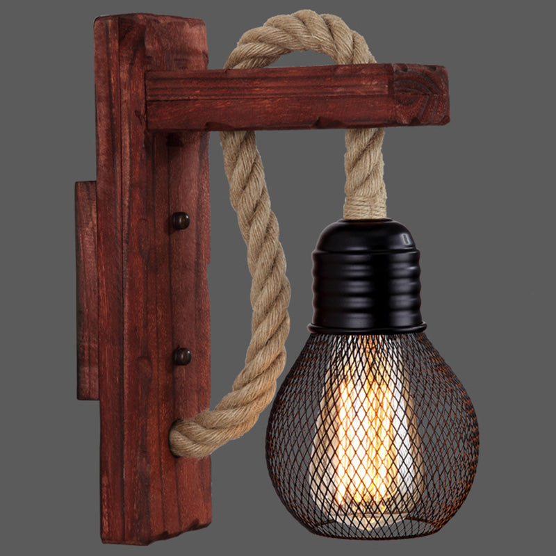 Wooden L Shaped Wall Bracket Lantern Farmhouse 1 Bulb Bedroom Wall Light with Rope Arm Red With Shade Clearhalo 'Industrial wall lights' 'Industrial' 'Middle century wall lights' 'Rustic wall lights' 'Tiffany' 'Wall Lamps & Sconces' 'Wall Lights' Lighting' 2466950