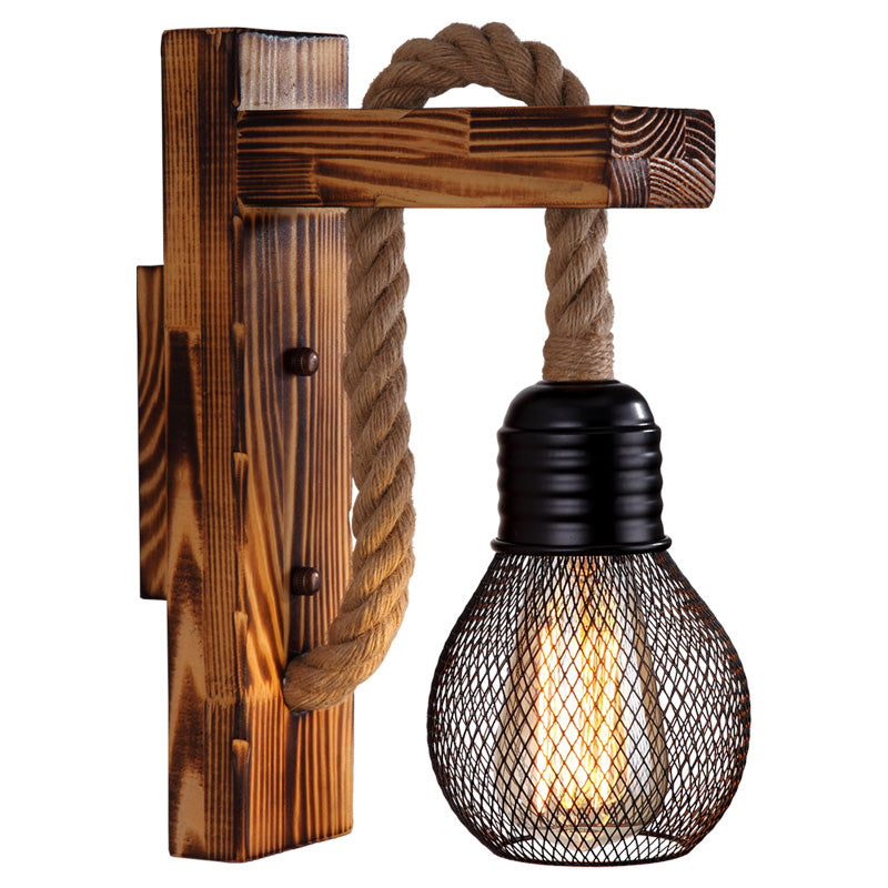 Wooden L Shaped Wall Bracket Lantern Farmhouse 1 Bulb Bedroom Wall Light with Rope Arm Clearhalo 'Industrial wall lights' 'Industrial' 'Middle century wall lights' 'Rustic wall lights' 'Tiffany' 'Wall Lamps & Sconces' 'Wall Lights' Lighting' 2466951
