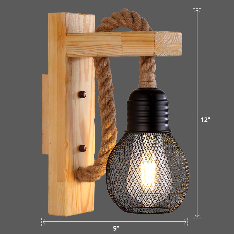 Wooden L Shaped Wall Bracket Lantern Farmhouse 1 Bulb Bedroom Wall Light with Rope Arm Clearhalo 'Industrial wall lights' 'Industrial' 'Middle century wall lights' 'Rustic wall lights' 'Tiffany' 'Wall Lamps & Sconces' 'Wall Lights' Lighting' 2466952