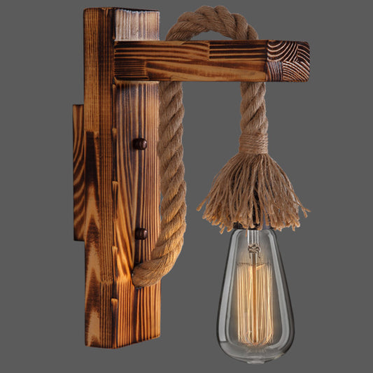 Wooden L Shaped Wall Bracket Lantern Farmhouse 1 Bulb Bedroom Wall Light with Rope Arm Dark Wood Shadeless Clearhalo 'Industrial wall lights' 'Industrial' 'Middle century wall lights' 'Rustic wall lights' 'Tiffany' 'Wall Lamps & Sconces' 'Wall Lights' Lighting' 2466953
