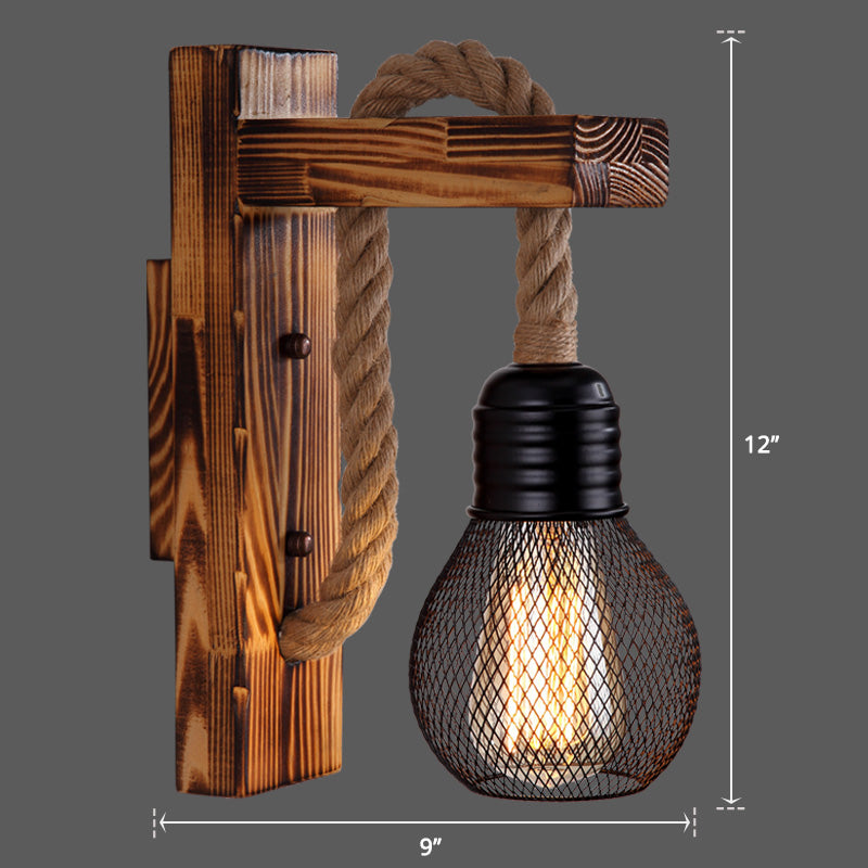 Wooden L Shaped Wall Bracket Lantern Farmhouse 1 Bulb Bedroom Wall Light with Rope Arm Clearhalo 'Industrial wall lights' 'Industrial' 'Middle century wall lights' 'Rustic wall lights' 'Tiffany' 'Wall Lamps & Sconces' 'Wall Lights' Lighting' 2466954